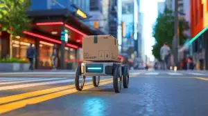 Illustration von einem wheeled-legged Roboter bei der Paketzustellung. Bild durch KI generiert.