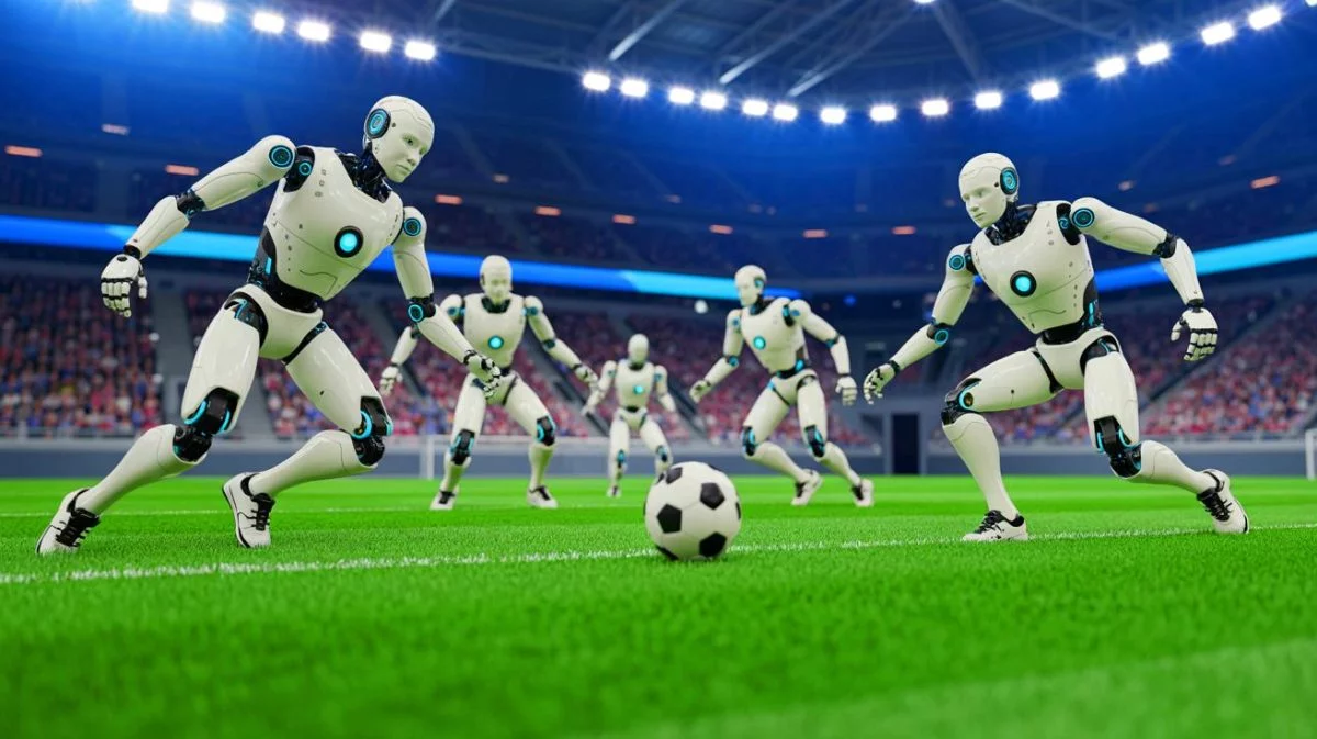 Illustration von autonomen humanoiden Robotern beim Fußballturnier in Peking. Bild durch KI generiert.