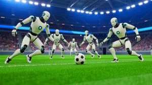 Illustration von autonomen humanoiden Robotern beim Fußballturnier in Peking. Bild durch KI generiert.