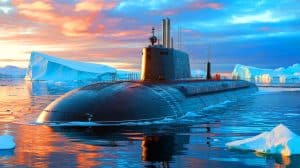 Illustration von Russlands Borei-A-Atom-U-Boot Knyaz Pozharsky in der Arktis. Bild durch KI generiert.