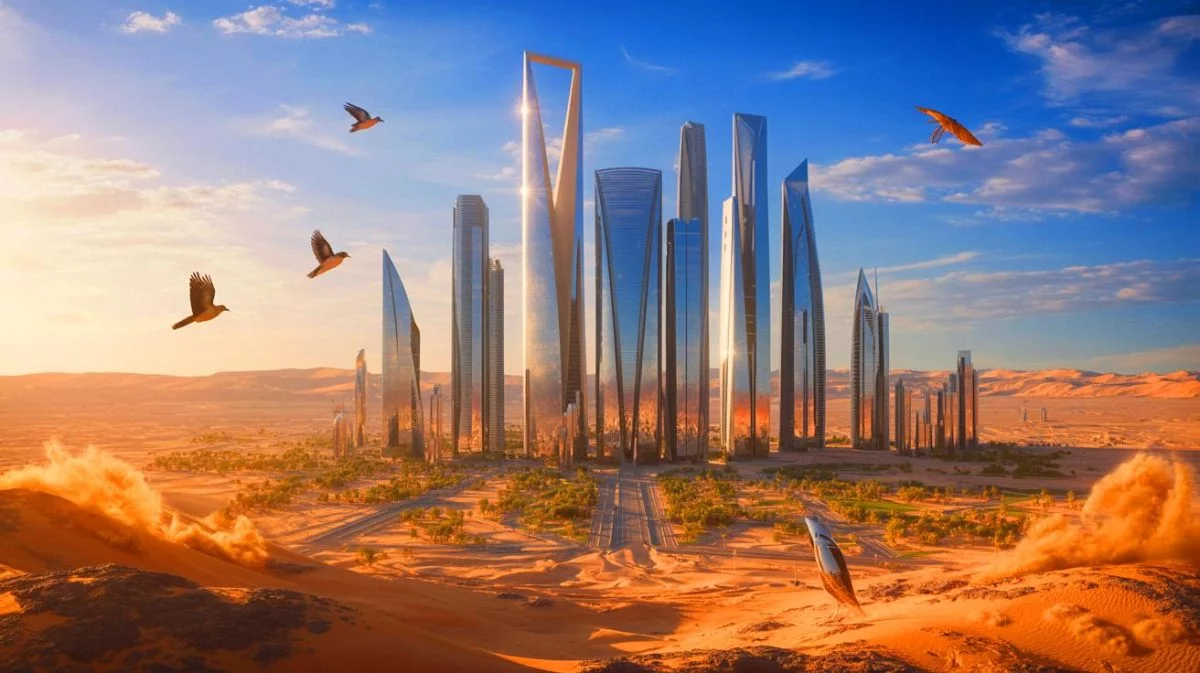 Illustration von den klimatischen und architektonischen Herausforderungen des Neom-Projekts in Saudi-Arabien. Bild durch KI generiert.
