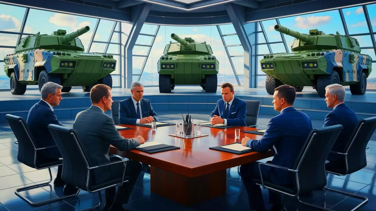 Illustration von Verhandlungen über den Kauf gebrauchter VBCI-Fahrzeuge zwischen Griechenland und Frankreich. Bild durch KI generiert.