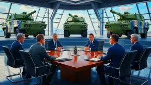 Illustration von Verhandlungen über den Kauf gebrauchter VBCI-Fahrzeuge zwischen Griechenland und Frankreich. Bild durch KI generiert.