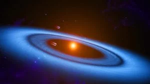 Illustration von Methanol-Isotopen in einem protoplanetaren Disk um den Stern HD 100453. Bild durch KI generiert.