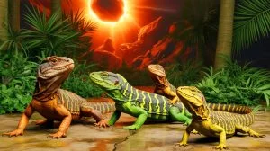 Illustration von Nachtleguanen, die das Massenaussterben der Dinosaurier überleben. Bild durch KI generiert.