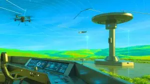 Illustration von einem fortschrittlichen Drohnenabwehrsystem zur Kontrolle feindlicher UAVs. Bild durch KI generiert.