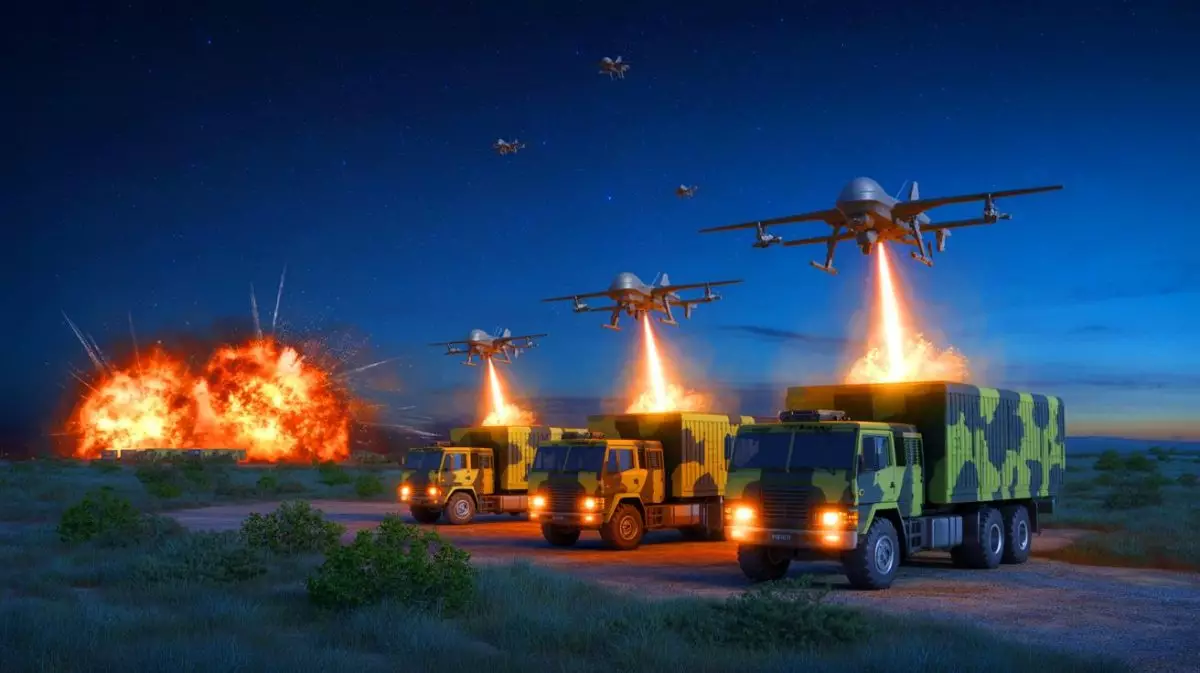 Illustration von einem Drohnenangriff auf russische Militärflugplätze. Bild durch KI generiert.