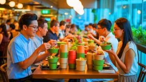 Illustration von Hongkongs Initiative zur Reduzierung von Einwegplastik in der Gastronomie. Bild durch KI generiert.