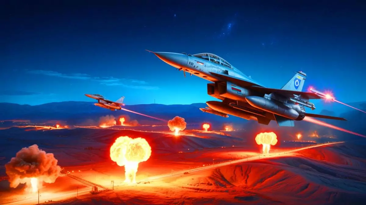 Illustration von israelischen Kampfflugzeugen bei einem Angriff auf iranische Nuklearanlagen. Bild durch KI generiert.