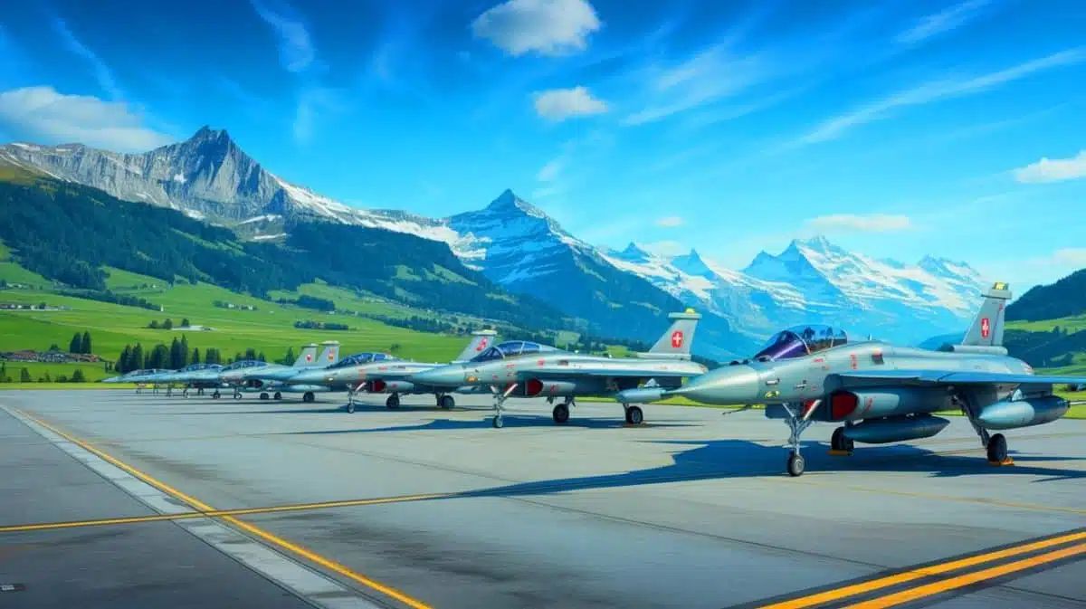 Illustration von der Entscheidung der Schweiz, den Kauf der amerikanischen F-35-Kampfflugzeuge abzulehnen. Bild durch KI generiert.