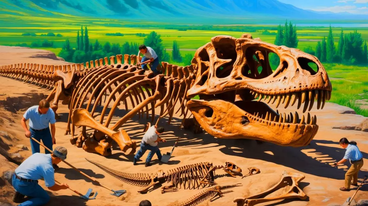 Illustration von der Entdeckung der Dinosaurierart Jinchuanloong niedu in China. Bild durch KI generiert.