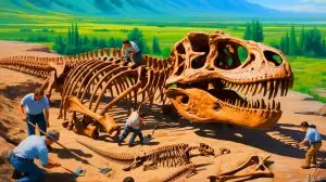 Illustration von der Entdeckung der Dinosaurierart Jinchuanloong niedu in China. Bild durch KI generiert.
