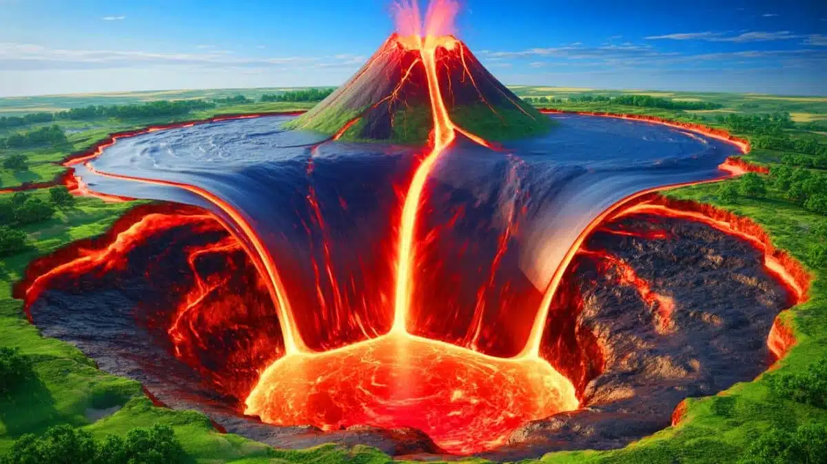 Illustration von seltenen Metallen, die durch vulkanische Aktivitäten aus dem Erdinneren an die Oberfläche gelangen. Bild durch KI generiert.