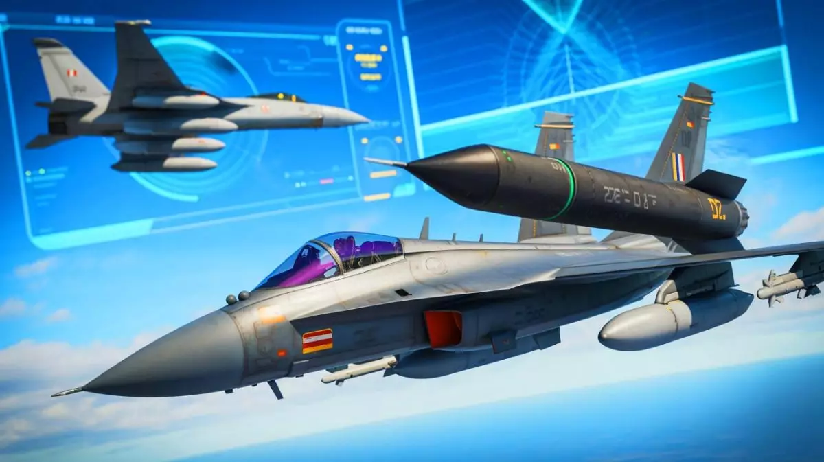 Illustration von der Steuerung einer Gleitbombe während des Flugs durch ein anderes Flugzeug. Bild durch KI generiert.