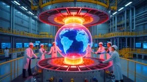 Illustration von der internationalen Zusammenarbeit am ITER-Fusionsreaktor. Bild durch KI generiert.