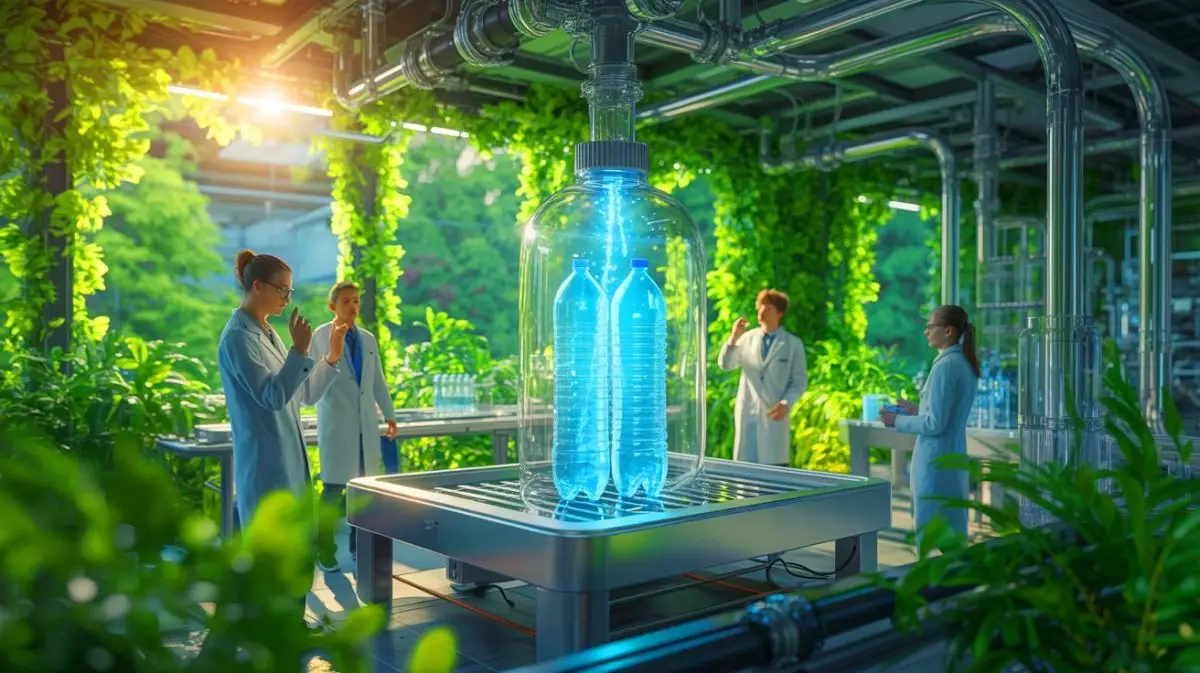 Illustration von der Umwandlung von Plastikflaschen in Wasserstoff durch Sonnenenergie. Bild durch KI generiert.