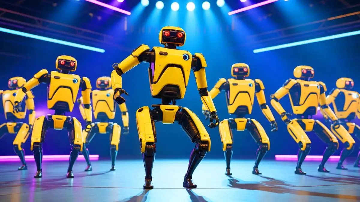 Illustration von Spot-Robotern von Boston Dynamics, die bei America's Got Talent tanzen. Bild durch KI generiert.