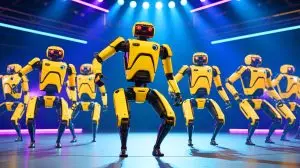 Illustration von Spot-Robotern von Boston Dynamics, die bei America's Got Talent tanzen. Bild durch KI generiert.