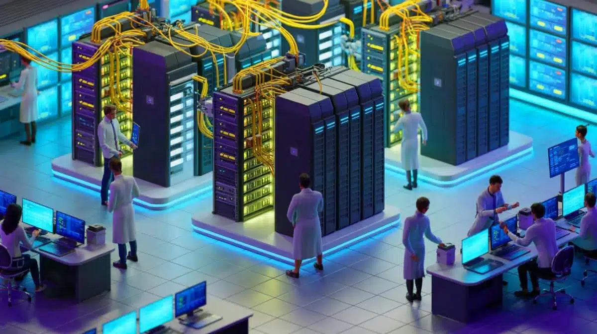 Illustration eines fortschrittlichen britischen Supercomputers an der Universität von Edinburgh, der die Künstliche Intelligenz revolutioniert. Bild durch KI generiert.
