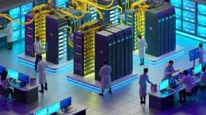 Illustration eines fortschrittlichen britischen Supercomputers an der Universität von Edinburgh, der die Künstliche Intelligenz revolutioniert. Bild durch KI generiert.