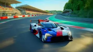 Illustration von Toyotas GR LH2 Racing Concept auf der Le-Mans-Strecke. Bild durch KI generiert.