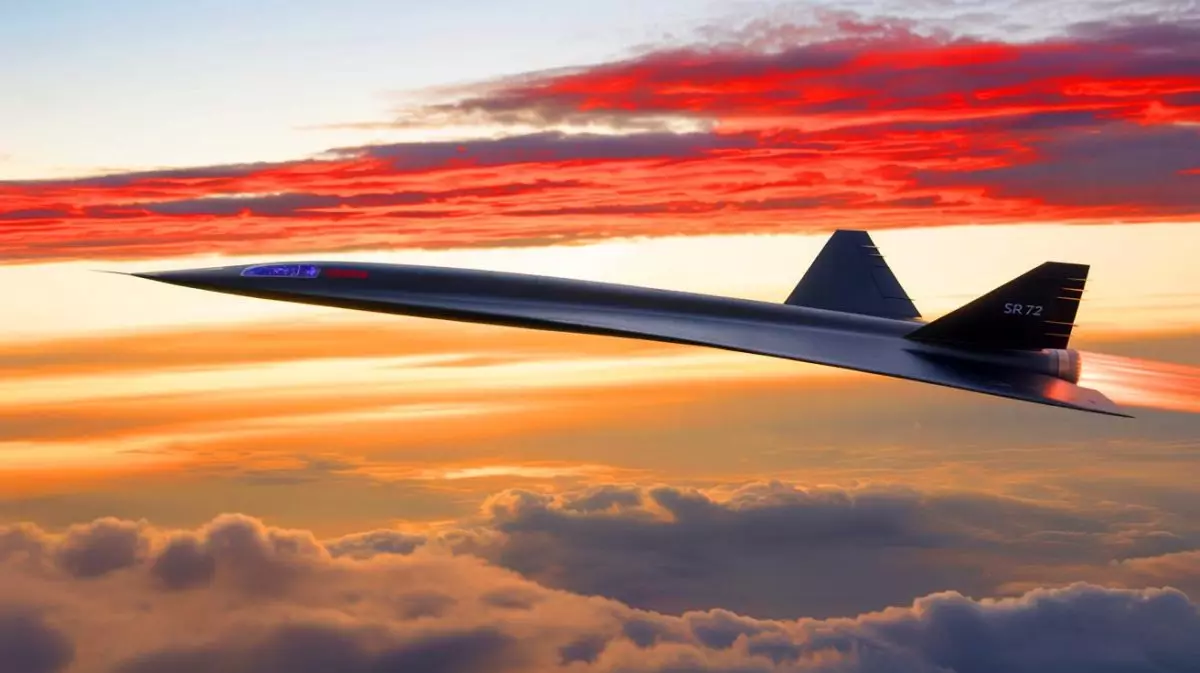 Illustration von einem hypothetischen Überschallflugzeug SR-72 in einer futuristischen Flugumgebung. Bild durch KI generiert.