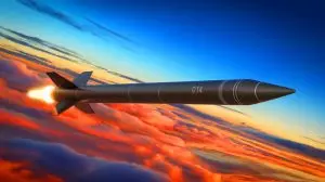 Illustration von einem fortschrittlichen nuklearen Marschflugkörper der US Air Force mit Stealth-Fähigkeiten. Bild durch KI generiert.