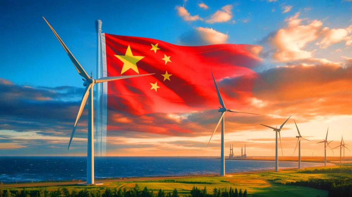 Illustration von einer chinesischen Windturbinenfabrik in Schottland im Kontext geopolitischer Spannungen. Bild durch KI generiert.