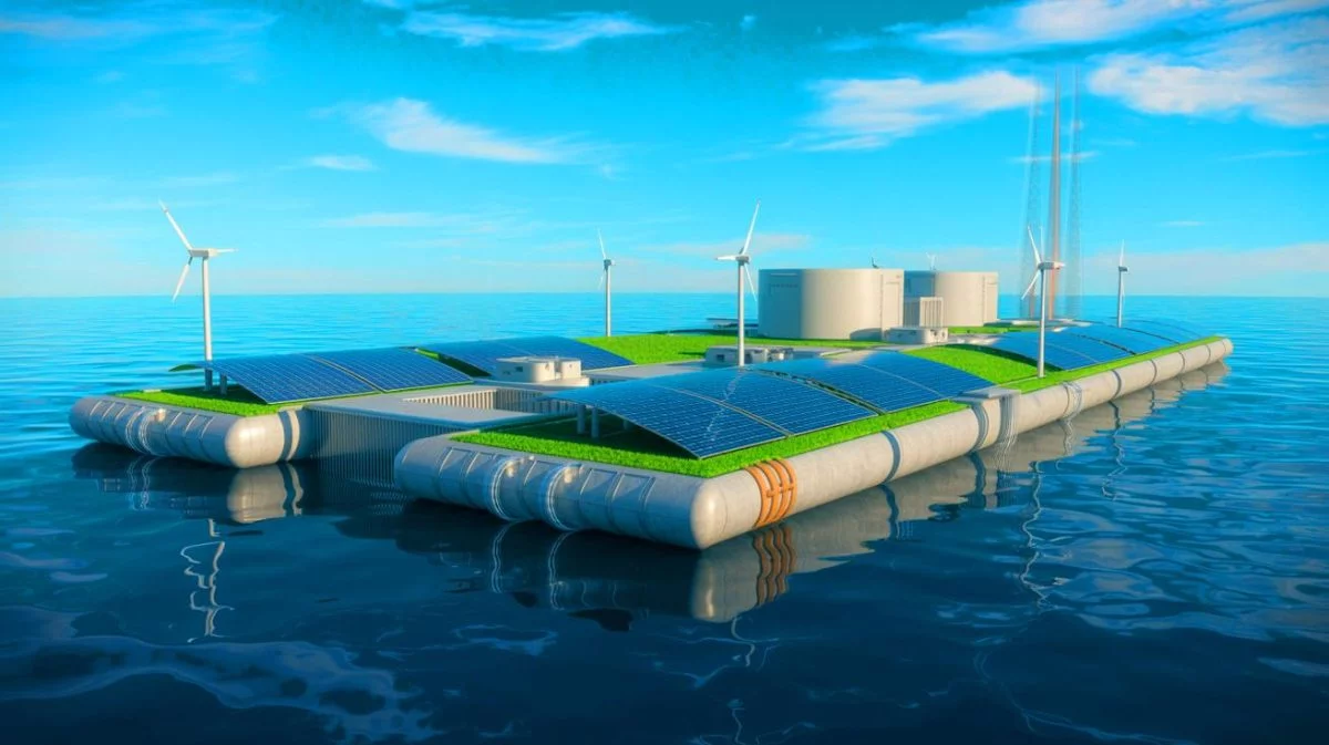 Illustration von einer schwimmenden Atomanlage als Energiequelle der Zukunft. Bild durch KI generiert.