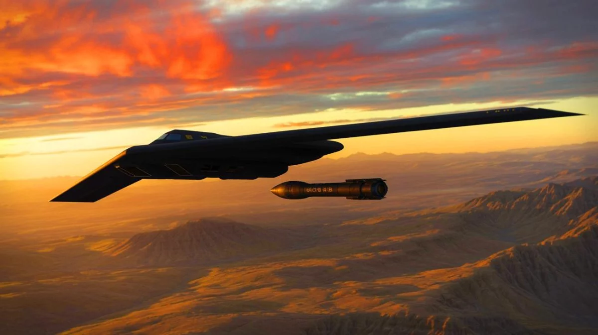 Illustration von einer strategischen Militäroperation mit B-2 Spirit Bombern und der GBU-57/B Bombe. Bild durch KI generiert.
