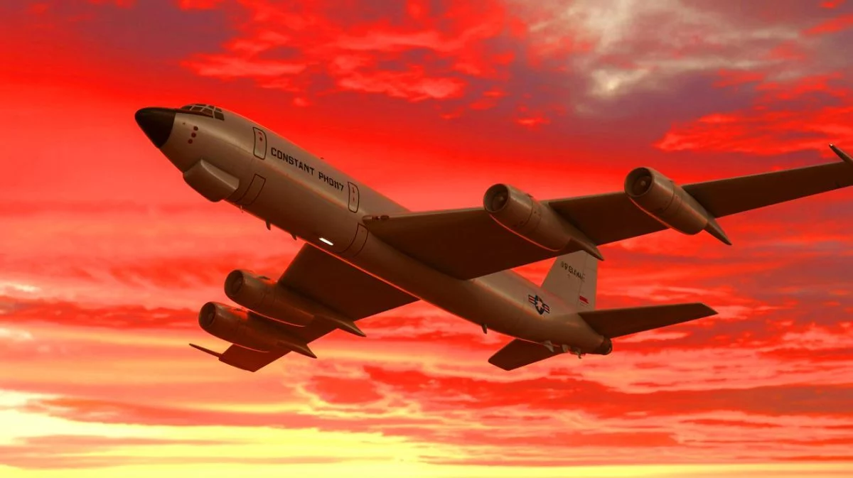 Illustration von einem WC-135R „Constant Phoenix“-Flugzeug bei einer Überwachungsmission. Bild durch KI generiert.