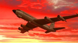 Illustration von einem WC-135R „Constant Phoenix“-Flugzeug bei einer Überwachungsmission. Bild durch KI generiert.