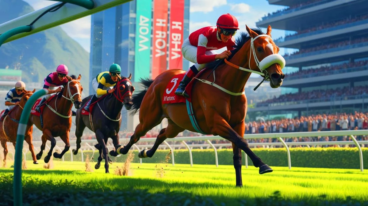 Illustration von Wunderbar bei seinem Sieg im Pferderennen in Sha Tin. Bild durch KI generiert.