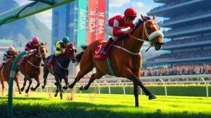Illustration von Wunderbar bei seinem Sieg im Pferderennen in Sha Tin. Bild durch KI generiert.