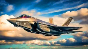 Illustration von einem F-35-Kampfflugzeug mit modernen Technologien der elektronischen Kriegsführung. Bild durch KI generiert.