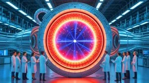 Illustration of the Wendelstein 7-X stellarator in operation, highlighting breakthroughs in nuclear fusion technology. This is an artificial illustration.