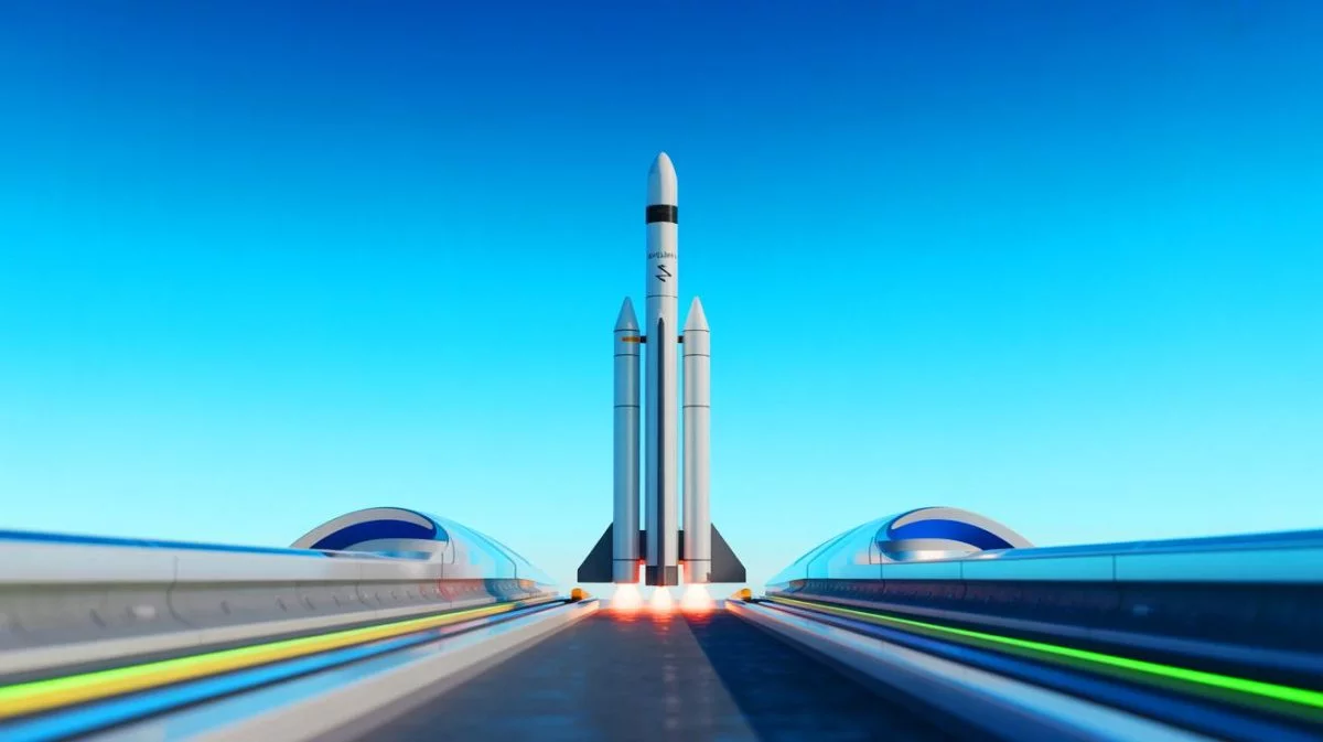 Illustration of a hypersonic accelerator launching a small rocket, showcasing Auriga Space's innovative technology, generated by artificial intelligence.