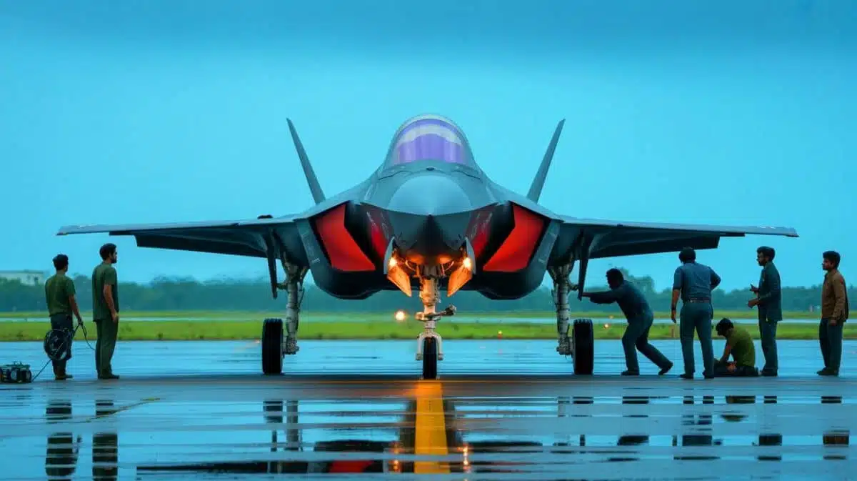 Illustration of the British F-35B Lightning II fighter jet during its unexpected layover in India, generated by artificial intelligence.