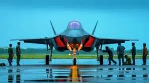 Illustration of the British F-35B Lightning II fighter jet during its unexpected layover in India, generated by artificial intelligence.