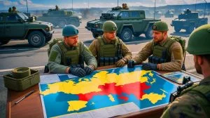 Illustration of Russia's aggressive actions in Ukraine and global geopolitical tensions. Image generated by AI.