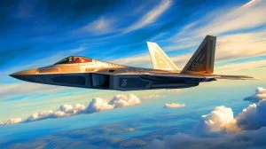 Illustration of the F-22 Raptor undergoing modernization with advanced stealth and electronic warfare technology, created by artificial intelligence.