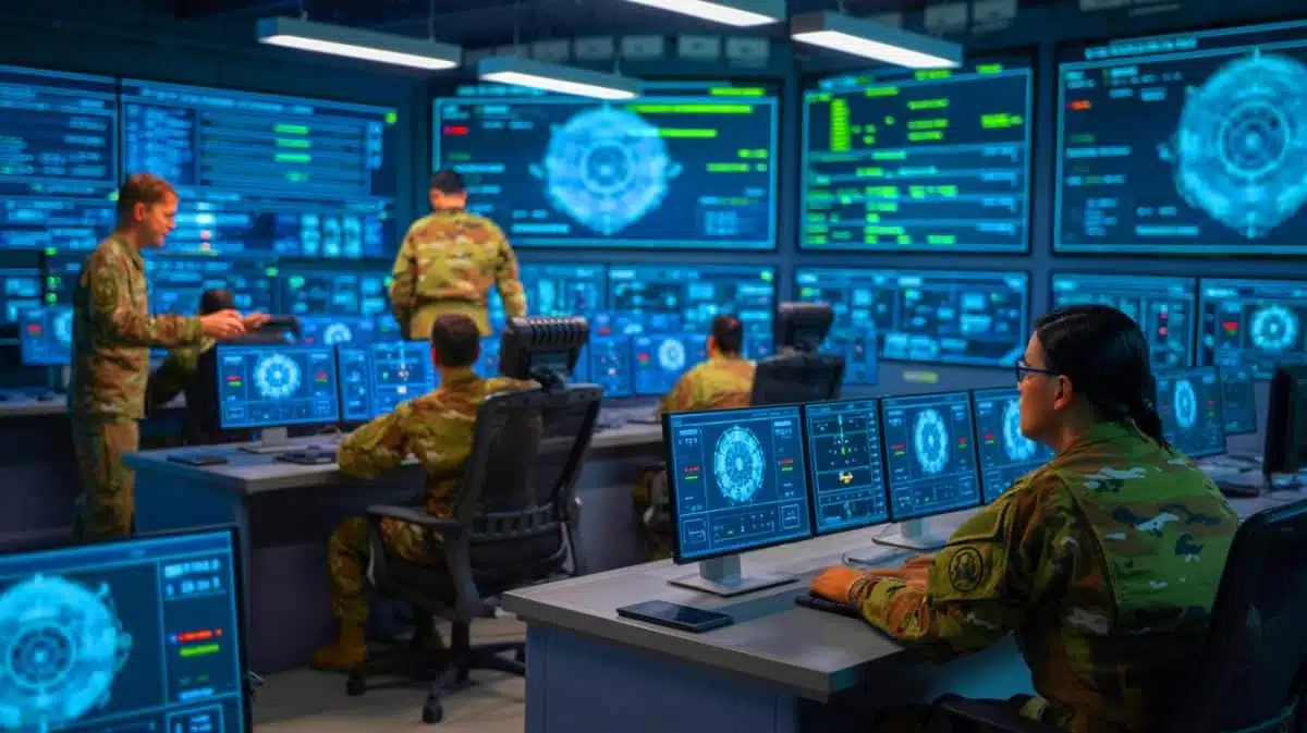 Illustration of advanced electronic warfare technology showcasing Cognitive Electronic Warfare systems and AI-driven defenses, generated by artificial intelligence.