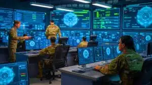 Illustration of advanced electronic warfare technology showcasing Cognitive Electronic Warfare systems and AI-driven defenses, generated by artificial intelligence.