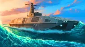 Illustration of the USX-1 Defiant, an autonomous naval vessel developed by DARPA, navigating independently.