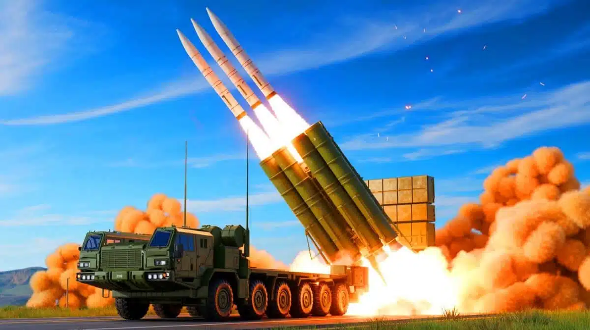 Illustration of the National Advanced Surface-to-Air Missile System (NASAMS) in action, generated by artificial intelligence.