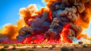 Illustration of the Gothic Fire raging near Nevada's secretive Area 51, depicting the dramatic wildfire spread across the military training range.