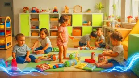 Illustration of toddlers in a daycare setting exposed to hidden toxins, generated by artificial intelligence.