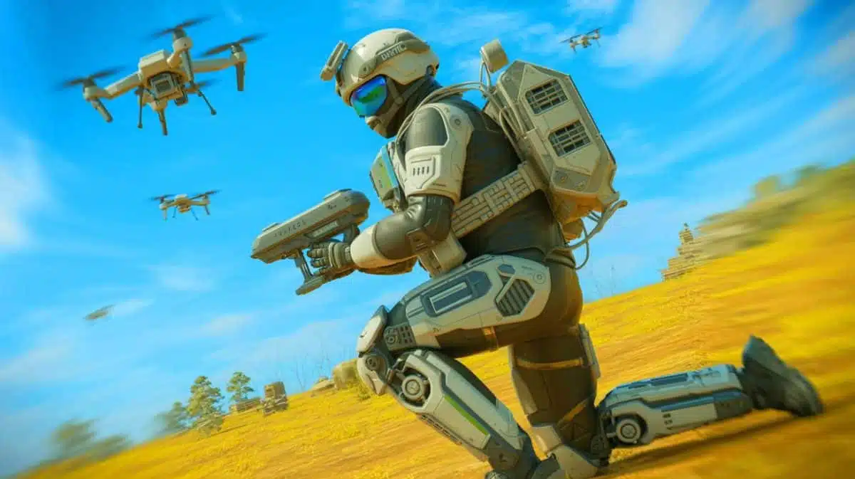 Illustration de l'exosquelette militaire chinois doté de capacités de lancement de drones, générée par intelligence artificielle.