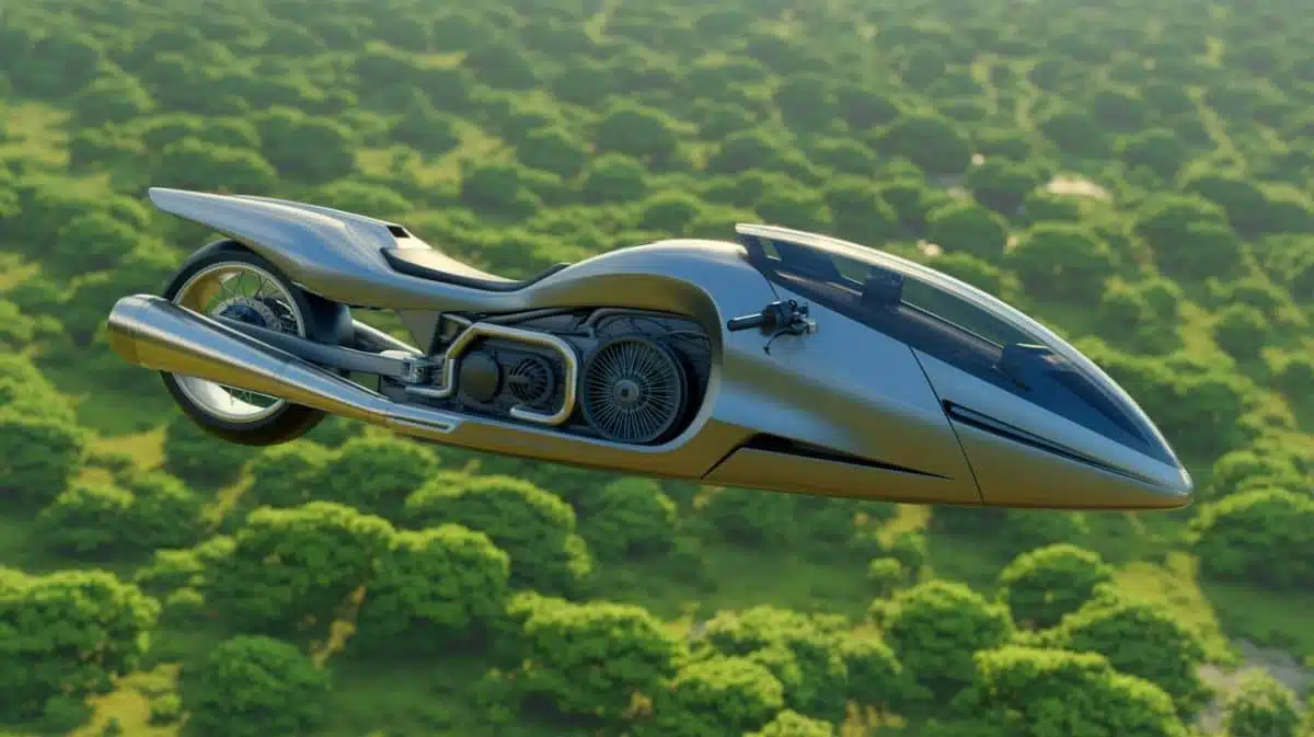 Illustration of the Volonaut Airbike soaring above treetops. Image generated by AI.