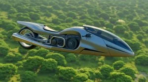 Illustration of the Volonaut Airbike soaring above treetops. Image generated by AI.